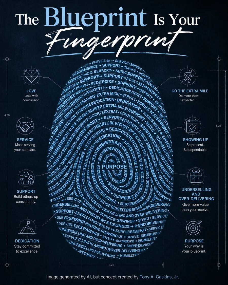The Blueprint Is Your Fingerprint — a fingerprint drawn from the words service, support, dedication, love and integrity, with purpose at its centre.