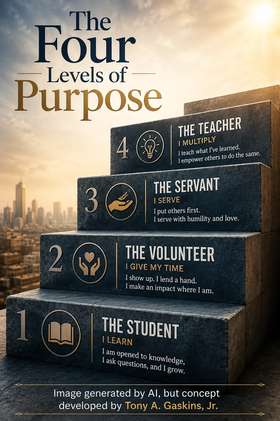 The Four Levels of Purpose: 1, The Student — I learn. 2, The Volunteer — I give my time. 3, The Servant — I serve. 4, The Teacher — I multiply.