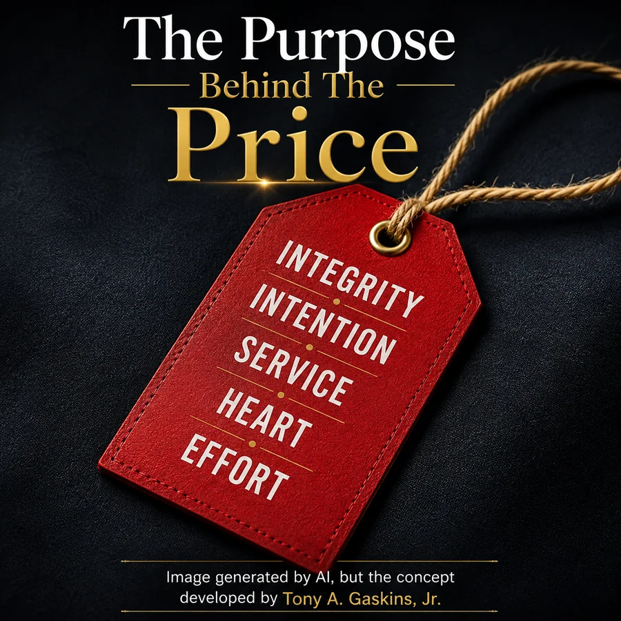 The Purpose Behind the Price — a price tag listing integrity, intention, service, heart and effort.